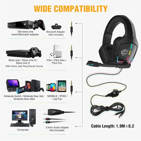 سماعة رأس للألعاب RGB سلكية للكمبيوتر، سماعة رأس PS4