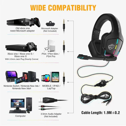 سماعة رأس للألعاب RGB سلكية للكمبيوتر، سماعة رأس PS4